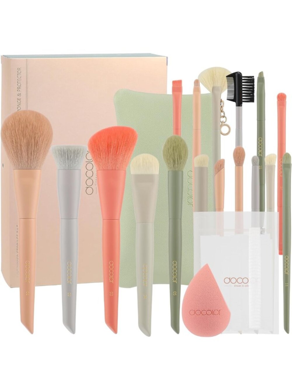 17+2 Pcs Premium Makeup Brush Set with Bag, Sponge & Protector - Synthetic Hair